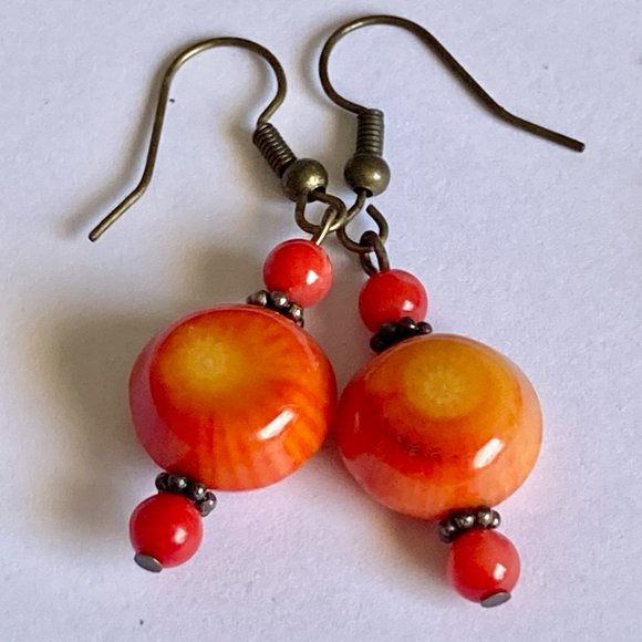 Vintage Art Glass Bead Earrings Coral Red Orange Hand Made Bronze Plated - Picture 12 of 16